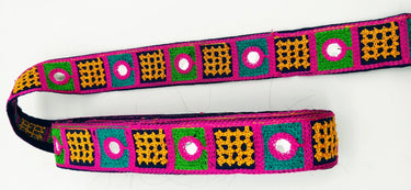 Indian Navy Blue Cotton Fabric Mirror Trim Embroidered in Pink, Yellow, Green and Cyan